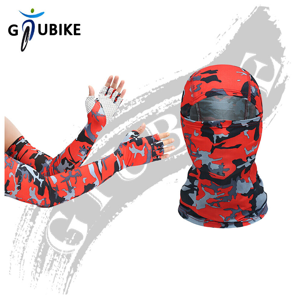 (A-Camo ) Gtubike Outdoor Balaclava And Sleeves Half-Finger Glove Unisex Sunscreen Anti-Uv Sleeves Breathable Mask Cycling Hiking Headwear Red 4856685947231