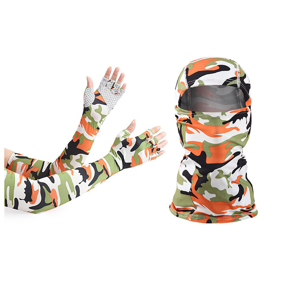 (A-Camo ) Loogdeel Outdoor Balaclava And Sleeve Men Women Sunscreen Half-Finger Glove Sleeve Uv-Proof Bandana Cycling Hiking Headgear Mask Orange 4856685963569