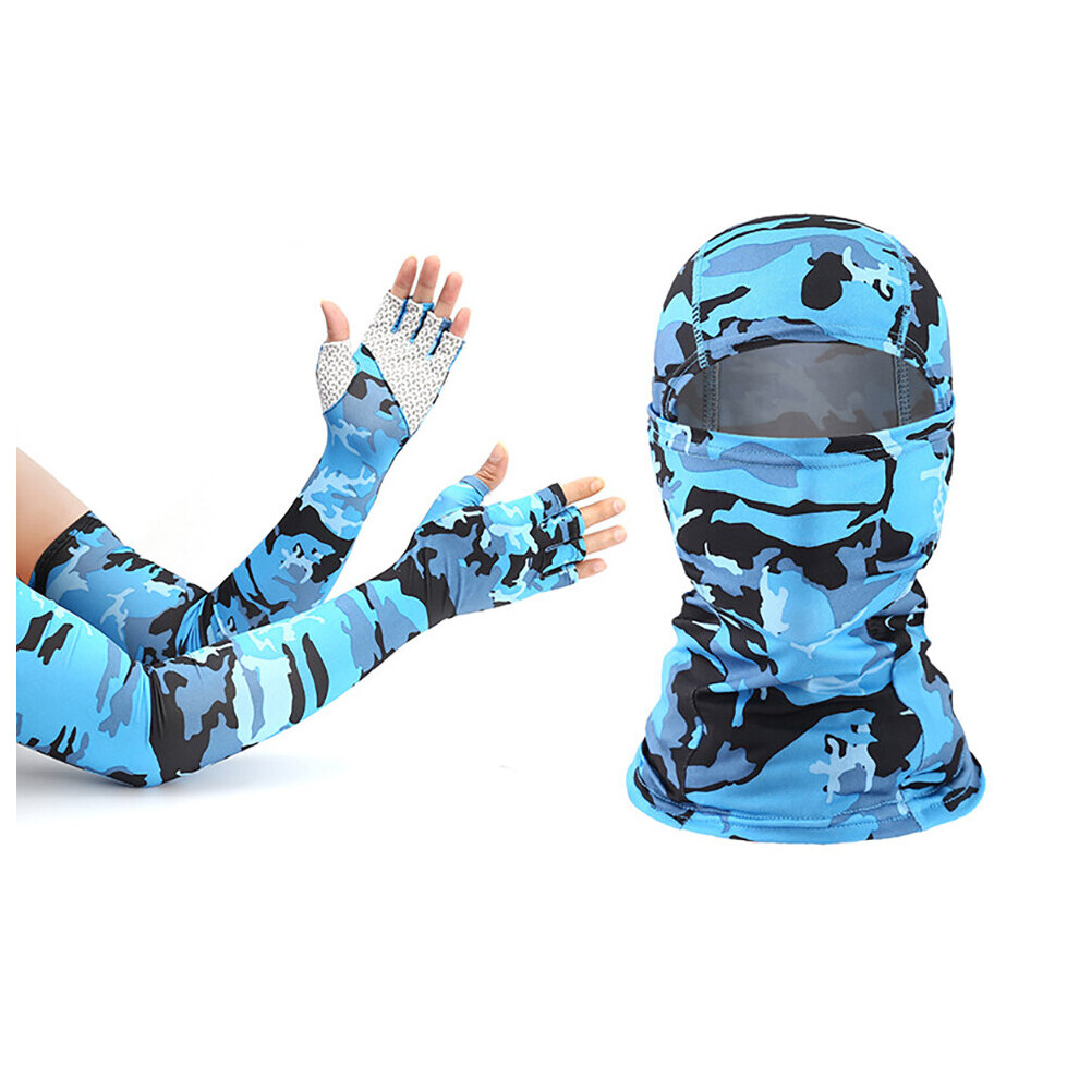 (A-Camo Sapphire) Loogdeel Outdoor Balaclava And Sleeve Men Women Sunscreen Half-Finger Glove Sleeve Uv-Proof Bandana Cycling Hiking Headgear Mask 4856685963590