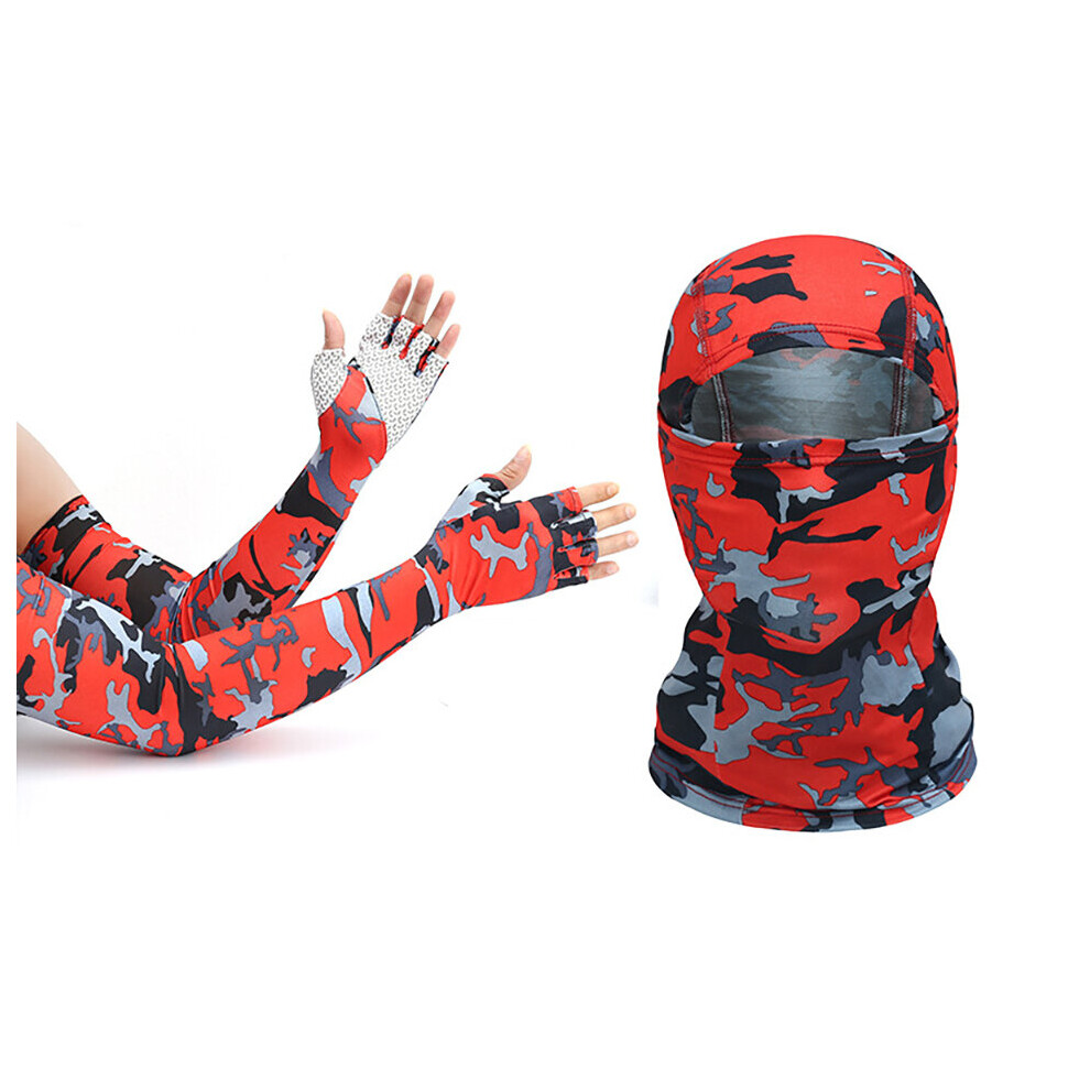 (A-Camo ) Loogdeel Outdoor Balaclava And Sleeve Men Women Sunscreen Half-Finger Glove Sleeve Uv-Proof Bandana Cycling Hiking Headgear Mask Red 4856685963576