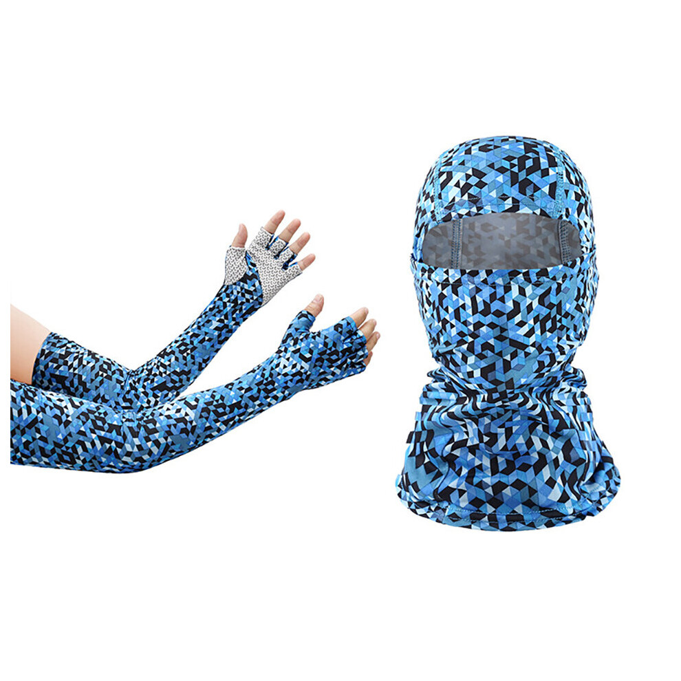 (A-Sapphire Checkered) Loogdeel Outdoor Balaclava And Sleeve Men Women Sunscreen Half-Finger Glove Sleeve Uv-Proof Bandana Cycling Hiking Headgear Mas 4856685963620