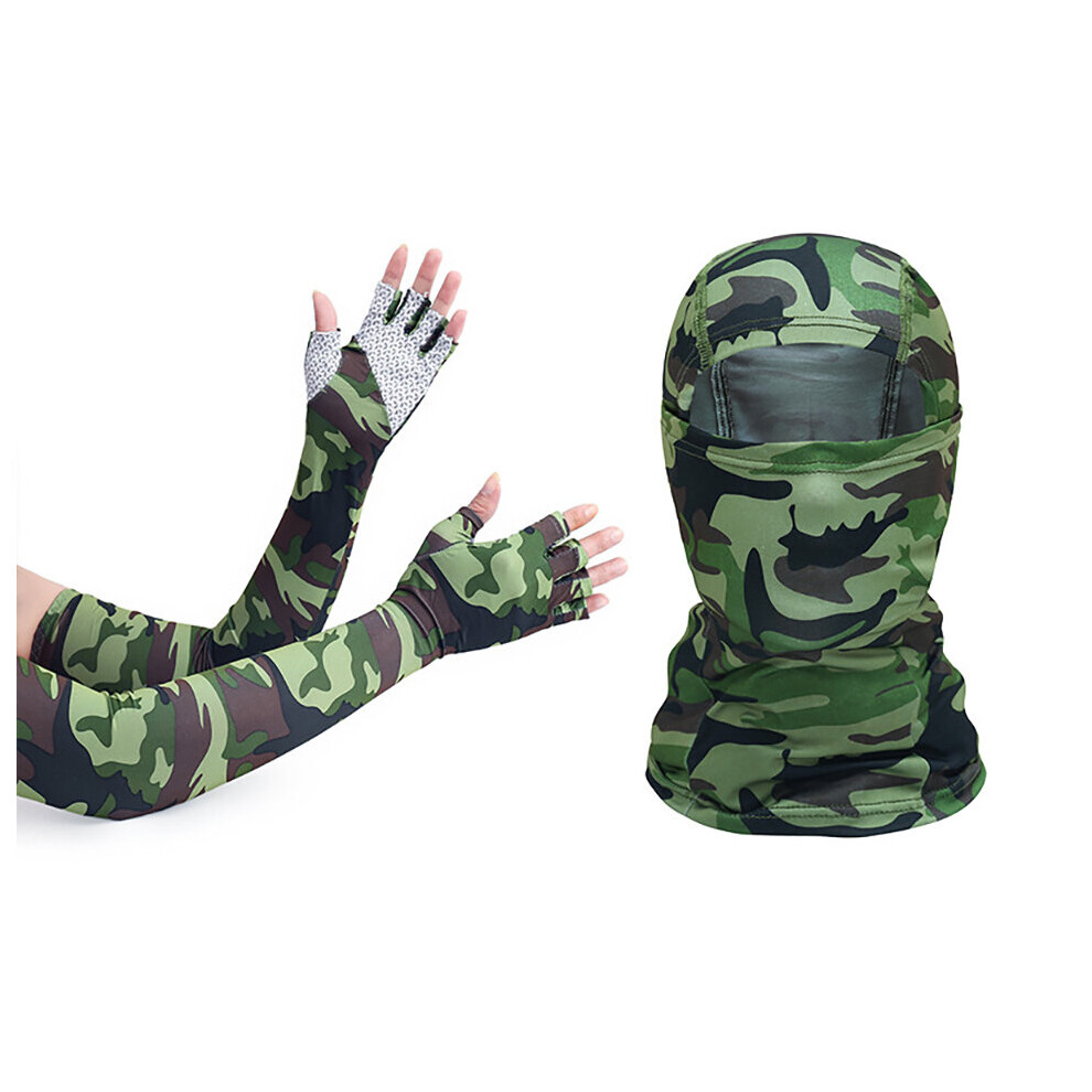 (A-Camo Army ) Loogdeel Outdoor Balaclava And Sleeve Men Women Sunscreen Half-Finger Glove Sleeve Uv-Proof Bandana Cycling Hiking Headgear Mask Green 4856685963521