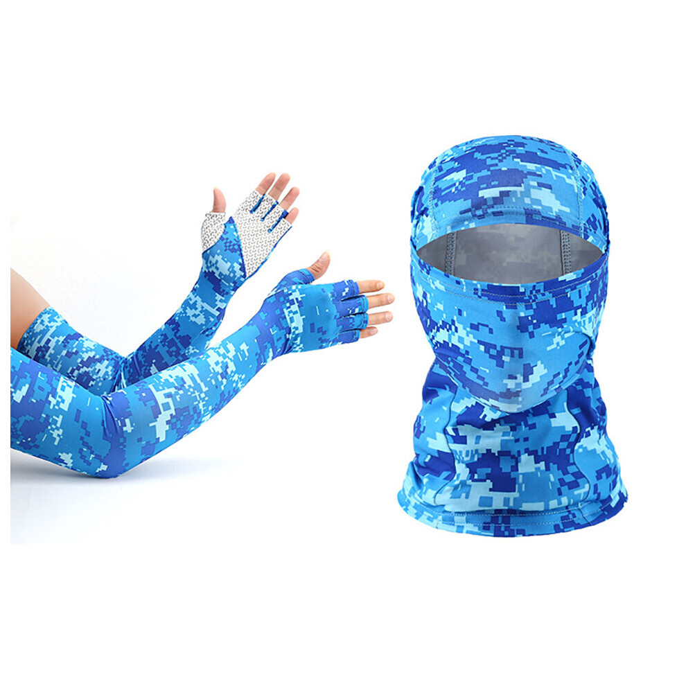 (A-Camo ) Loogdeel Outdoor Balaclava And Sleeve Men Women Sunscreen Half-Finger Glove Sleeve Uv-Proof Bandana Cycling Hiking Headgear Mask Blue 4856685963538