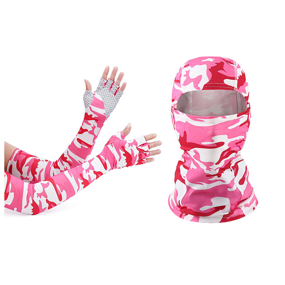 (A-Camo Rose ) Loogdeel Outdoor Balaclava And Sleeve Men Women Sunscreen Half-Finger Glove Sleeve Uv-Proof Bandana Cycling Hiking Headgear Mask Red 4856685963583