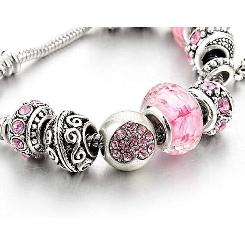 Pink heart-shaped silver-plated charm bracelet 1