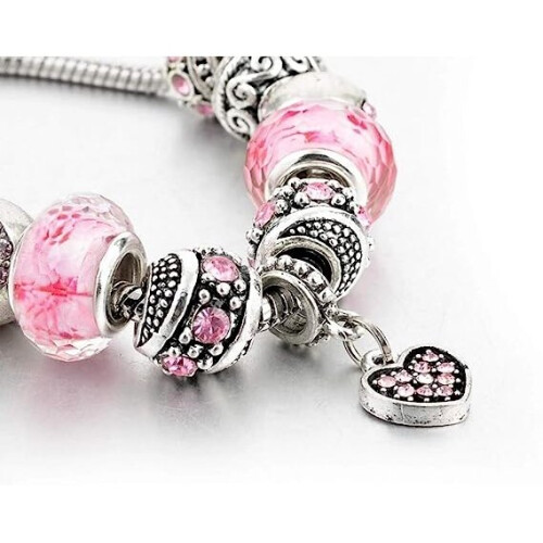 Pink heart-shaped silver-plated charm bracelet 2