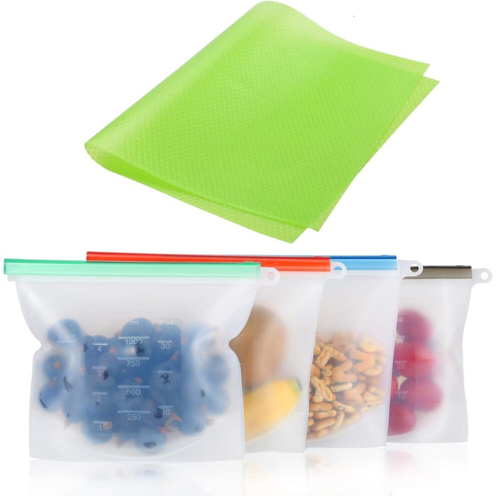 Reusable Silicone Food Bags 4-Pack Zero Waste Freezer Cooking Bags with Large Kitchen Mat for Snack, Meat, Vegetable, Fruit and Dry & Wet Food