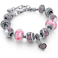 Pink heart-shaped silver-plated charm bracelet