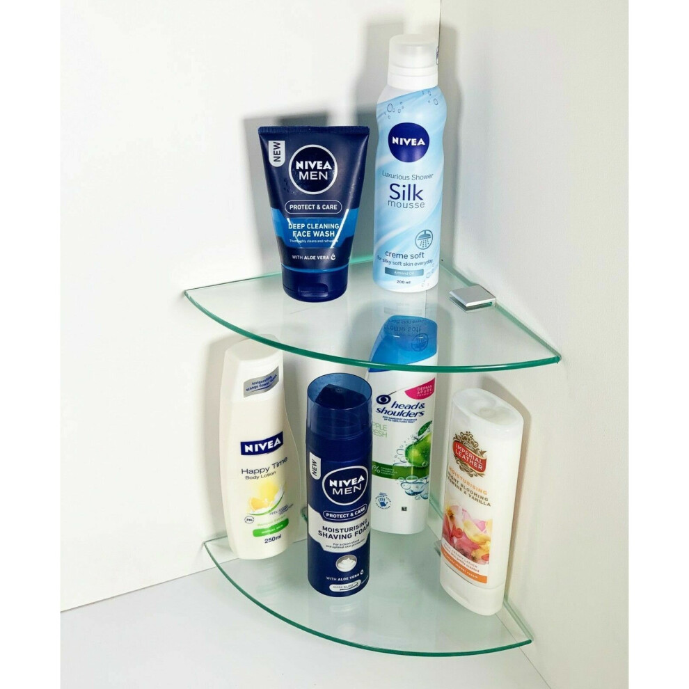 2 Tier Clear Glass Corner Shelf Wall Mount Bathroom Corner Tidy Shelves Set New
