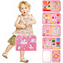 Pink Toddler Busy Board Sensory Montessori Travel Toys 10 Pages Quiet Book for Kid Preschool Learning Activities Life Skills Alphabet Number