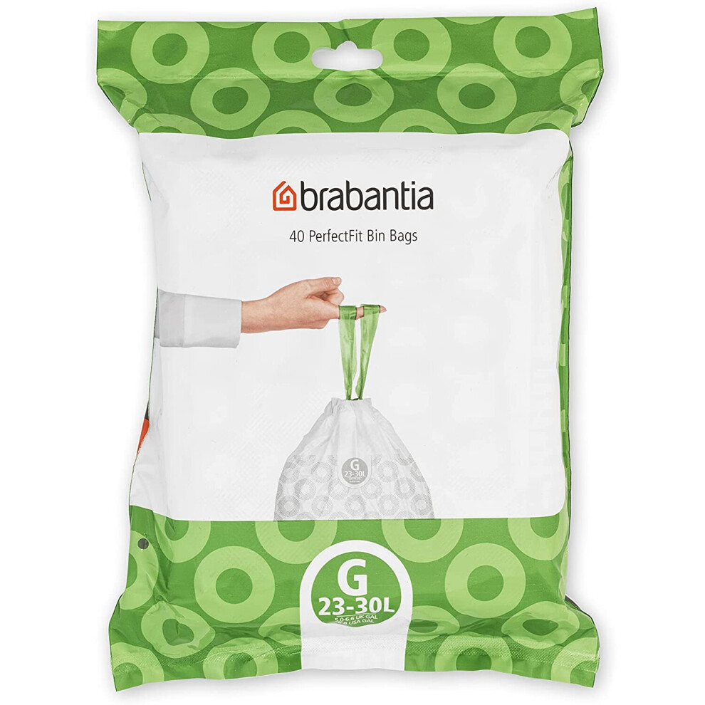 Brabantia PerfectFit Bin Liners (Size G/23-30 Liter) Thick Plastic Trash Bags with Tie Tape Drawstring Handles (40 Bags)