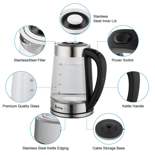 Electric Kettle Glass Blue LED Illuminated Jug Auto Shut Off Protection 2L 2000W 2