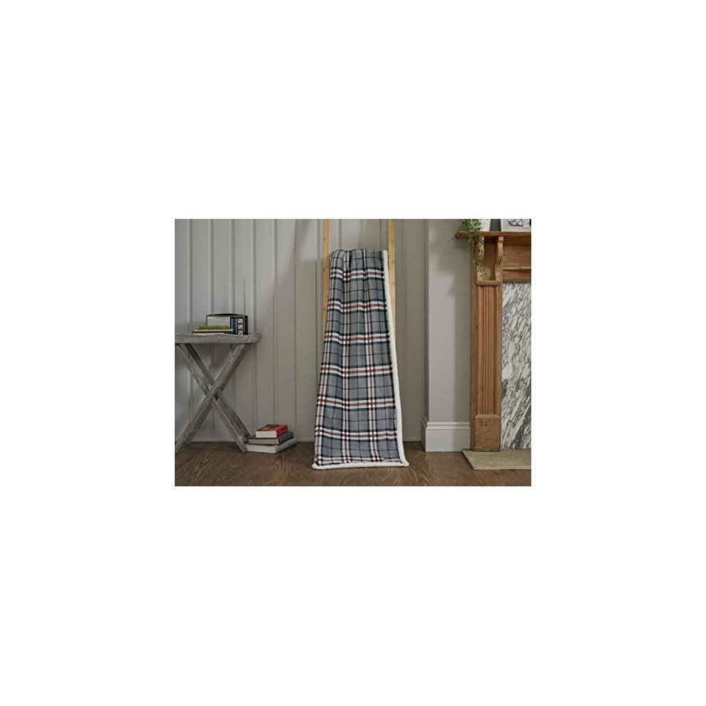Jansons Direct Linens Sherpa Reverse Thomson Check Ultra Plush Warm Blanket Throw in Grey125cm x 250cm