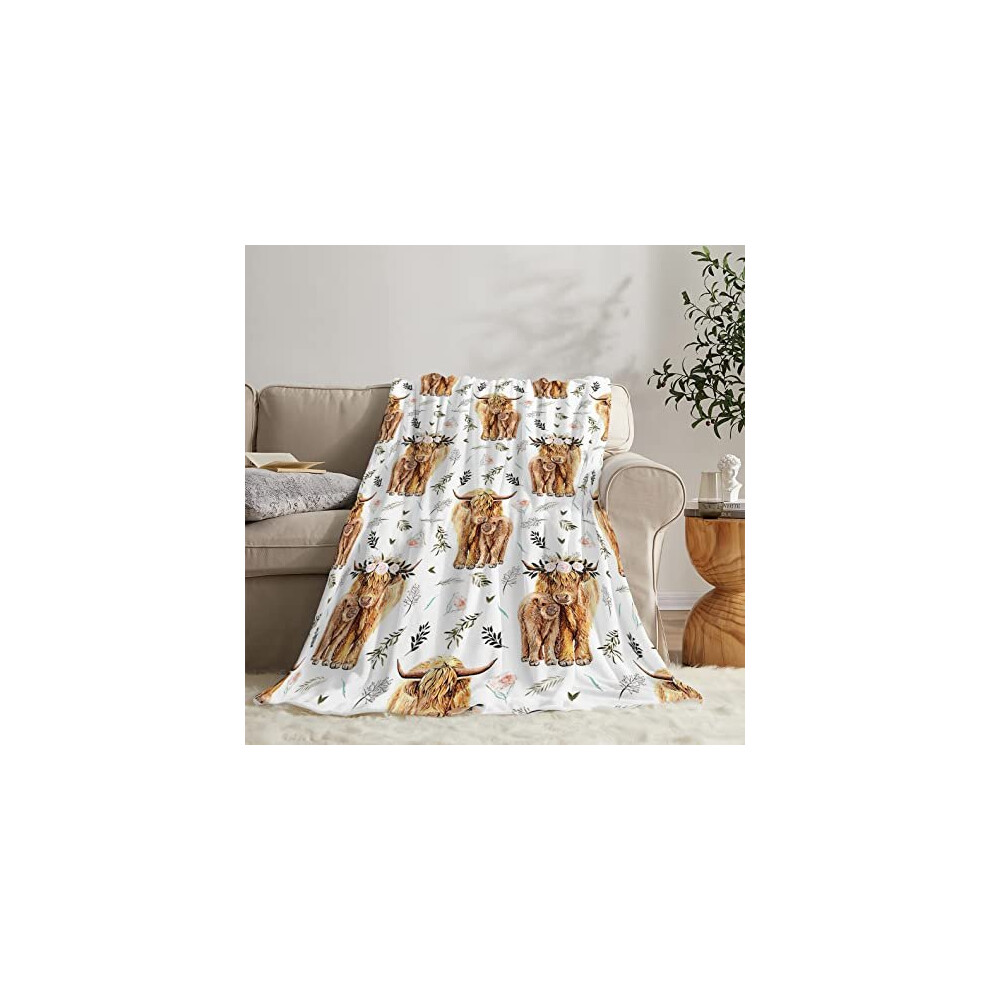 Highland Cow Print Blanket and Throws Cute Rustic Farm Animal Cow and Flowers Throw Blankets Soft Cozy Fleece Plush Warm Flannel Bedding Blanket for