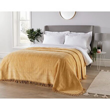 Diana Cowpe Candlewick Geneva Bedspread GOLD YELLOW Bed Throw/Blanket | Soft Traditional Bedspread Cotton Chenille & Fringed Edges with Wave Design |