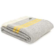 Tweedmill Textiles Fishbone THROW Blanket -100% Pure New Wool - BRITISH MADE - SILVER GREY/YELLOW STRIPE