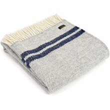 Tweedmill Textiles Fishbone KNEE RUG Throw Blanket -100% Pure New Wool - BRITISH MADE - Silver Grey 2 Navy Blue Stripes