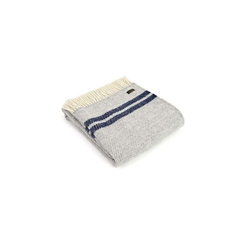 Tweedmill Textiles Fishbone KNEE RUG Throw Blanket -100% Pure New Wool - BRITISH MADE - Silver Grey 2 Navy Blue Stripes