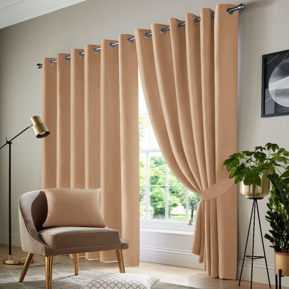 (Beige , 66" Width x 90" Drop - (168cm width x 228cm drop)) Insulated Blackout Curtains Ready Made Eyelet Curtain Panels UK