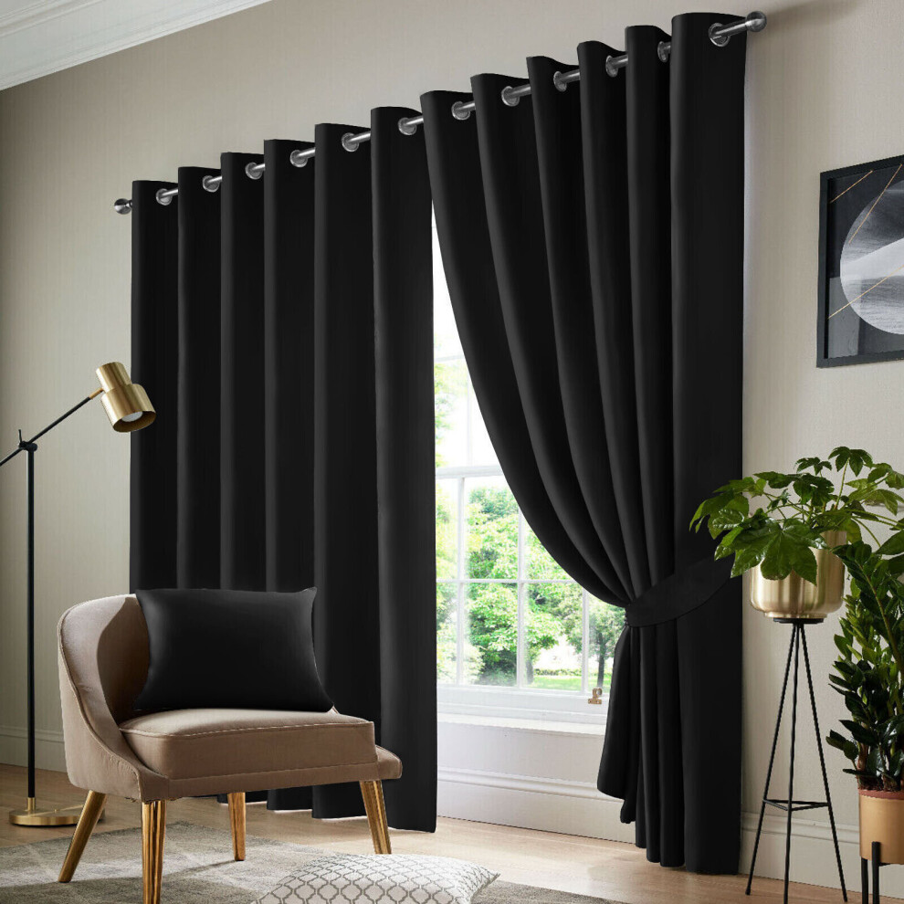 (Black , 66" Width x 72" Drop - (168cm width x 183cm drop)) Insulated Blackout Curtains Ready Made Eyelet Curtain Panels UK