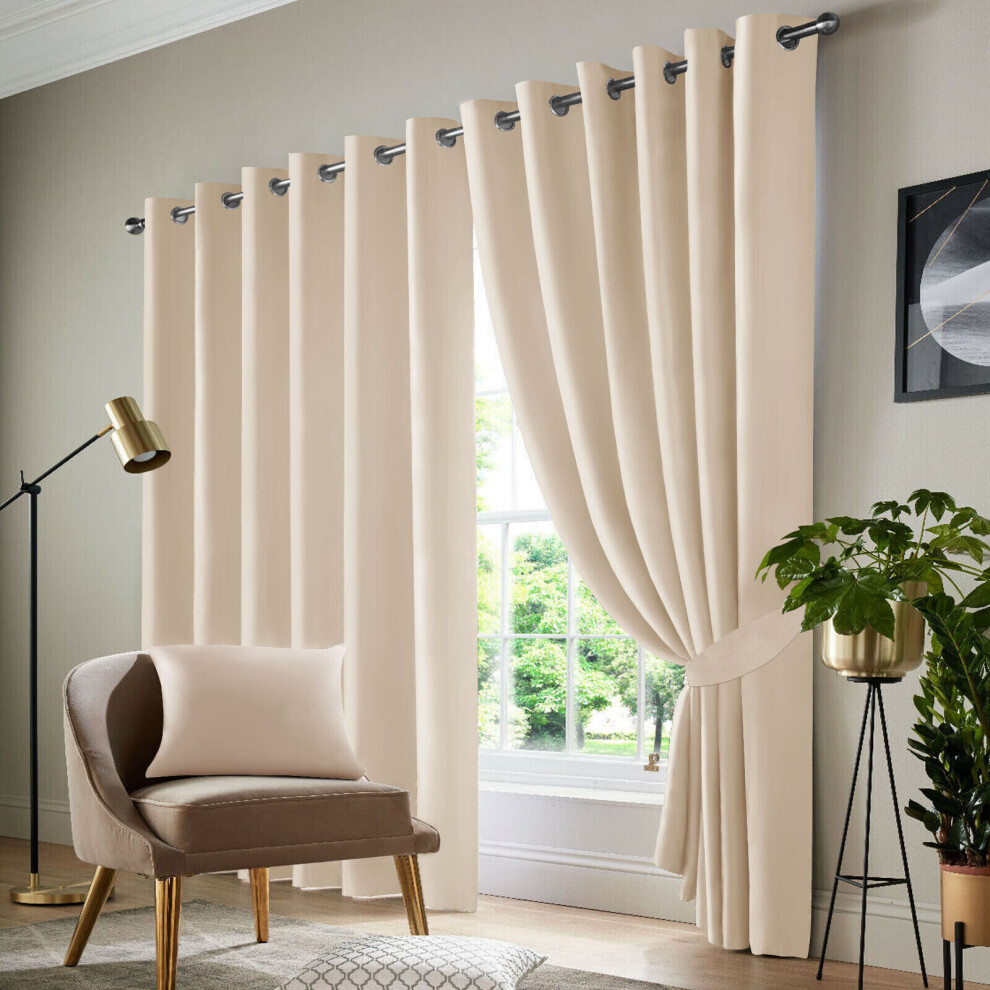 (Cream , 46" Width x 54" Drop - (117cm width x 137cm drop)) Insulated Blackout Curtains Ready Made Eyelet Curtain Panels UK-image-OPC-PBWCDZJ-NEW