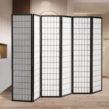 (Black) 6-Panel Solid Wood Folding Room Divider Screen