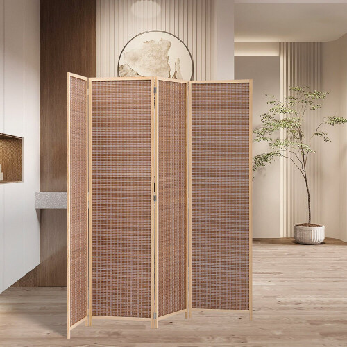 Living And Home (4-Panel) Brown Bamboo Woven Folding Room Divider Screen 1