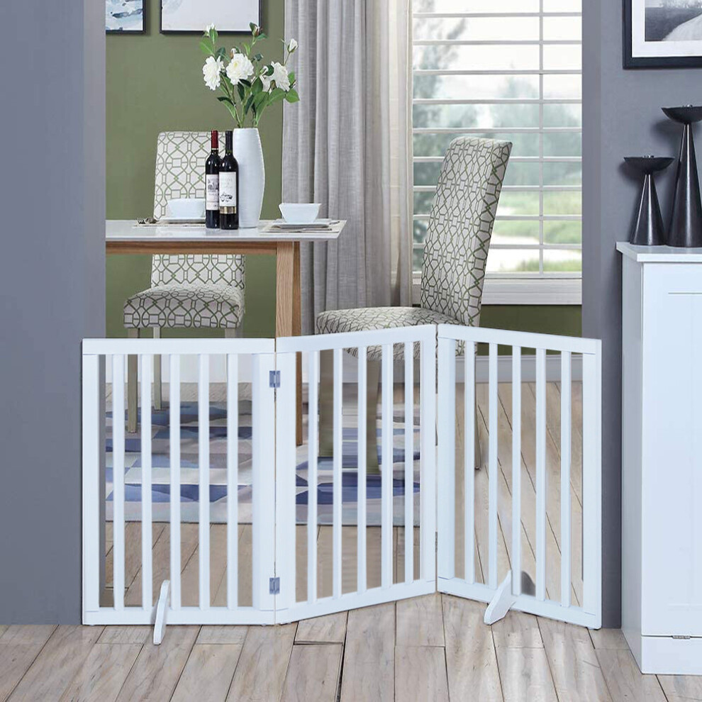 (3 Panels - White) Wooden Dog Gate Pet Fence Safety Barrier Divider Freestanding