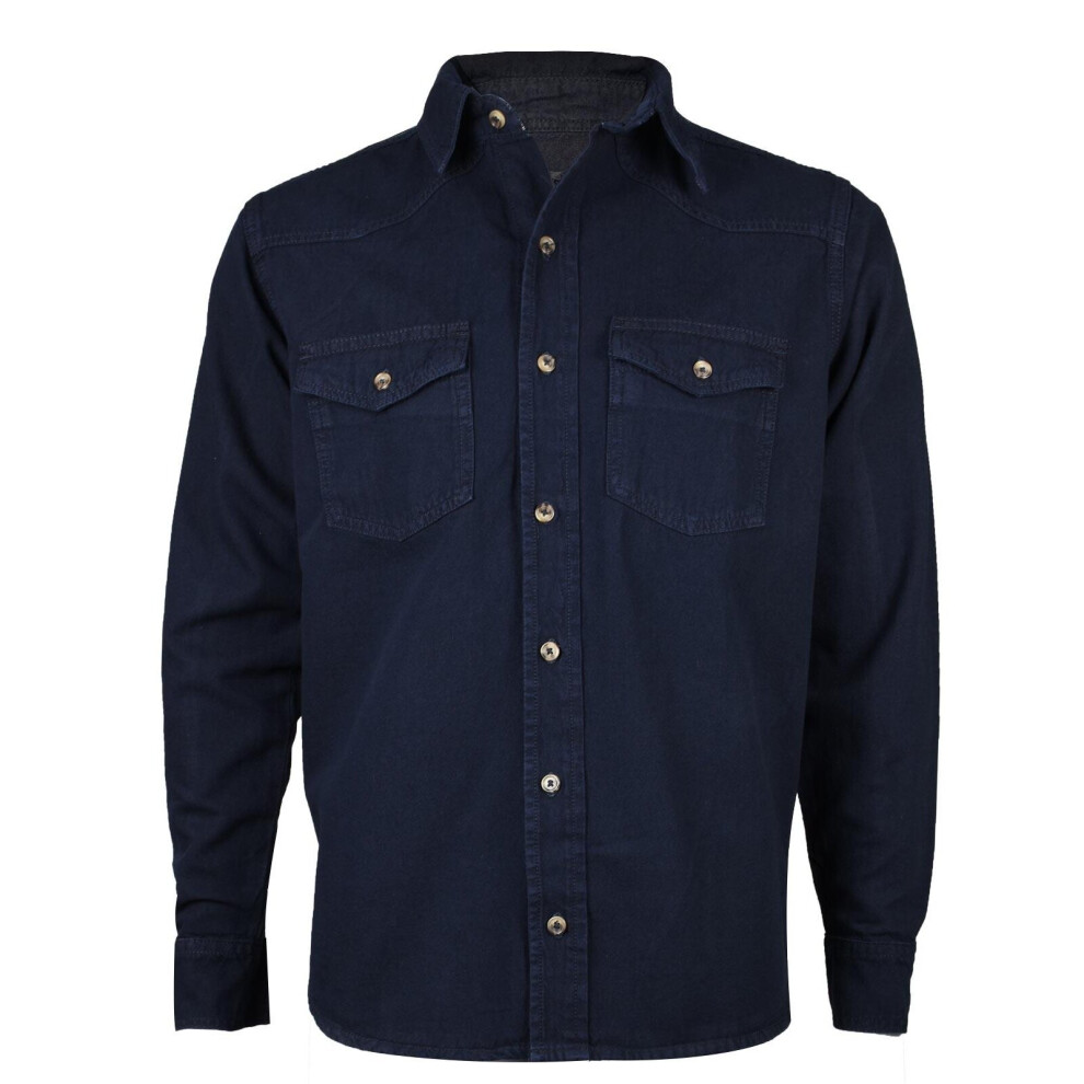 (M, Navy) Mens Denim Shirt Pocket Long Sleeve Casual Top