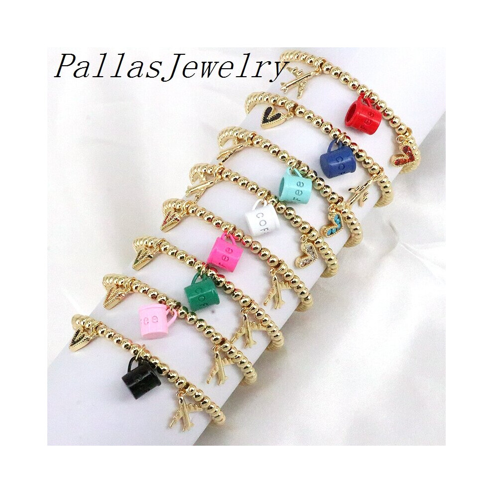 6Pcs Beads Ball bracelet, Charm coffee cup airplane Cz Zircon heart Bracelet For Women Jewelry-image-OPC-PBWCPVD-NEW