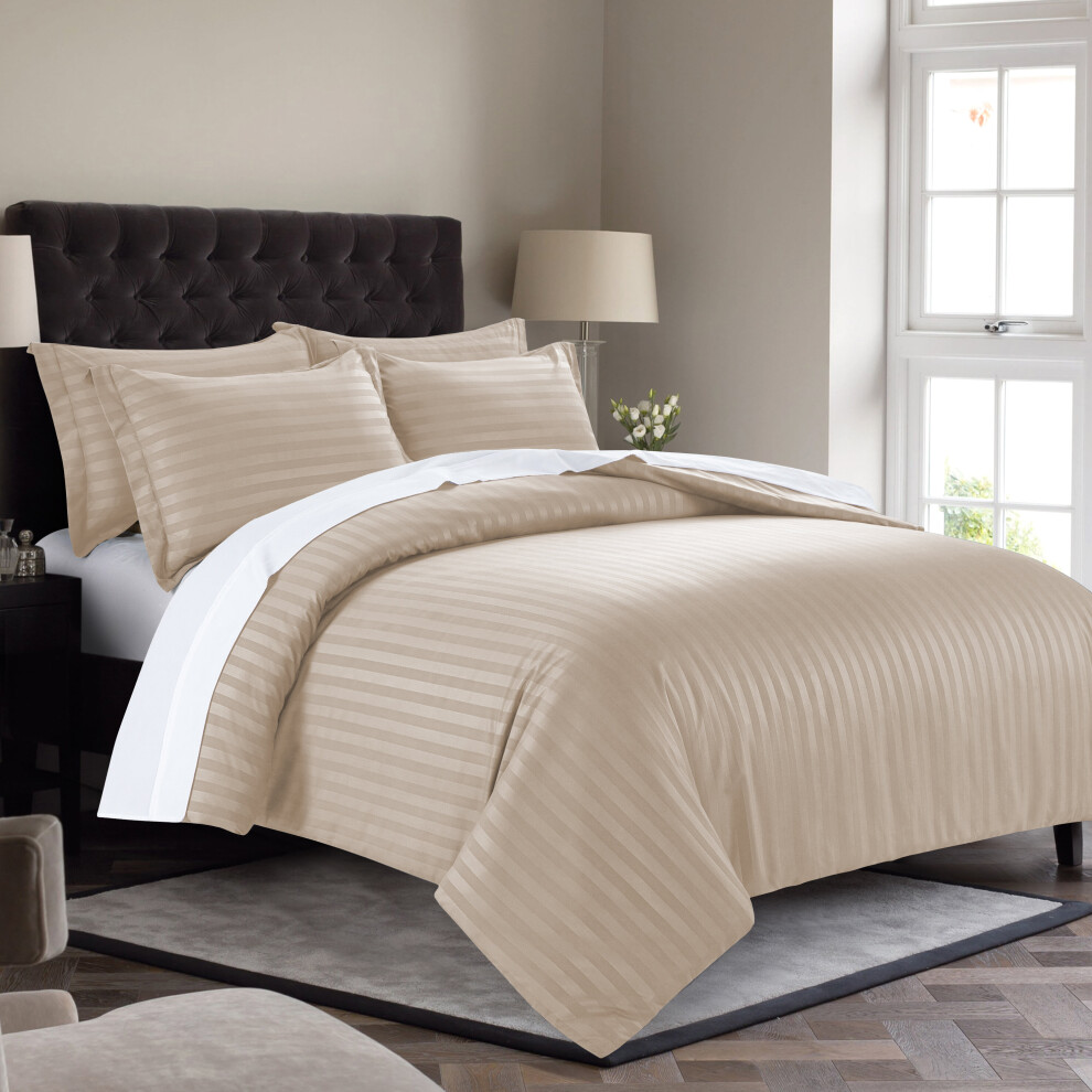 (Beige, King: 230 X 220 CM) Luxury Duvet Cover Set Stripe Duvet Quilt Cover Stitch Bedding Set with Pillowcases