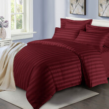 (Burgundy, Single: 137 X 200 CM) Luxury Duvet Cover Set Stripe Duvet Quilt Cover Stitch Bedding Set with Pillowcases