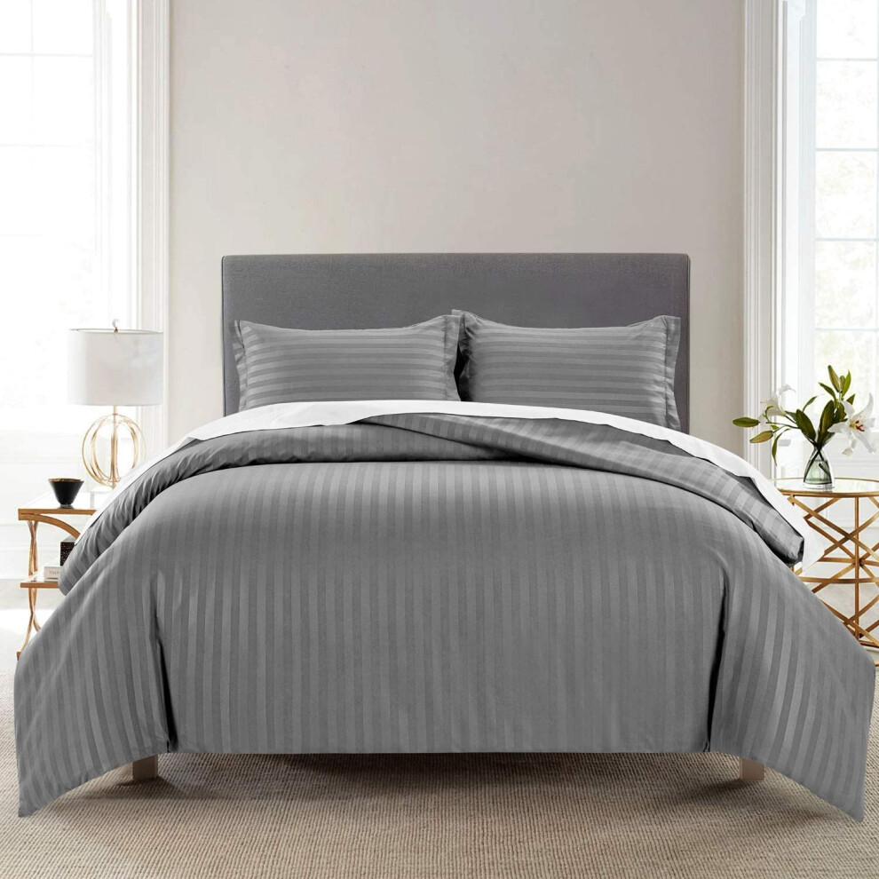 (Grey, King: 230 X 220 CM) Luxury Duvet Cover Set Stripe Duvet Quilt Cover Stitch Bedding Set with Pillowcases