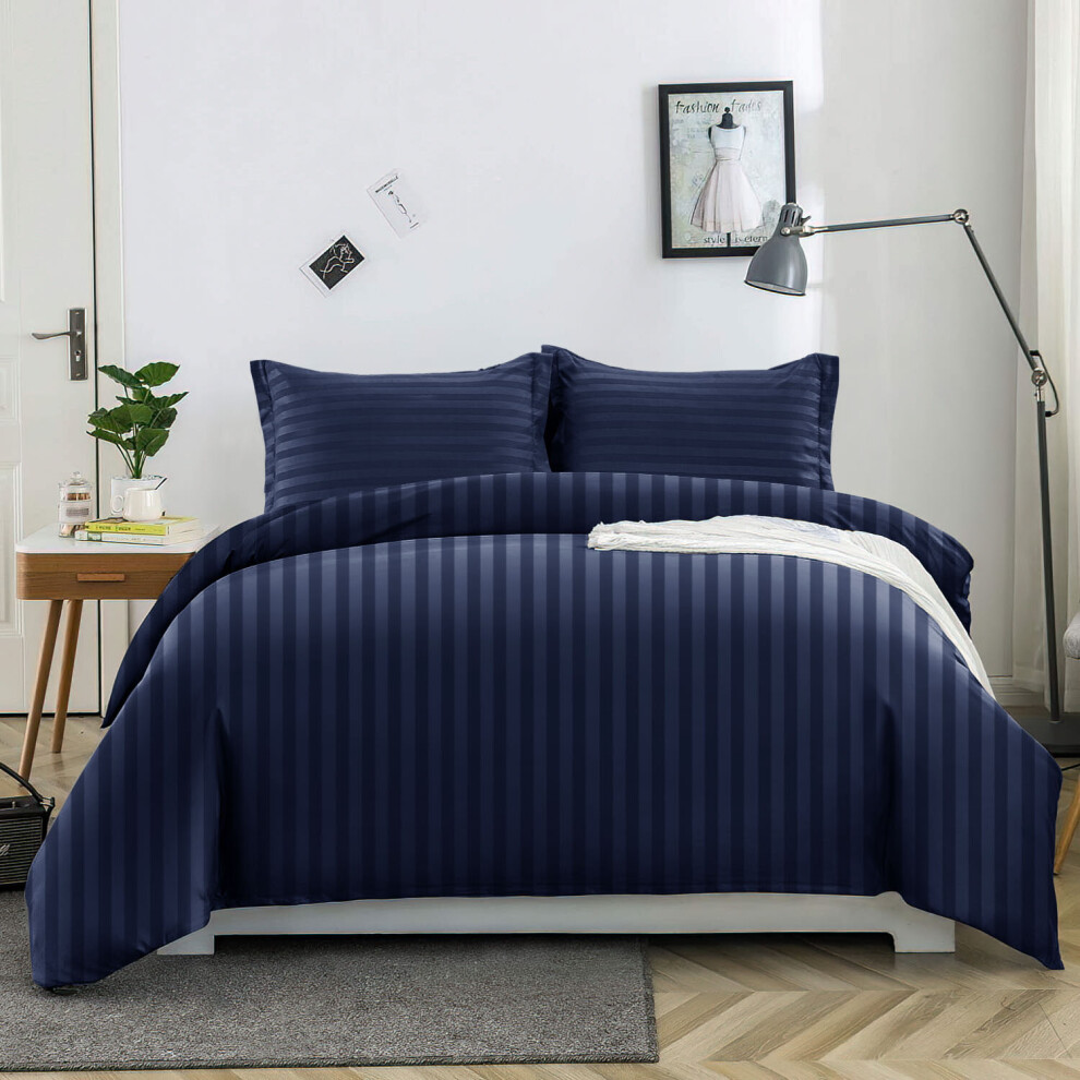 (Navy Blue, Double: 200 X 200 CM) Luxury Duvet Cover Set Stripe Duvet Quilt Cover Stitch Bedding Set with Pillowcases