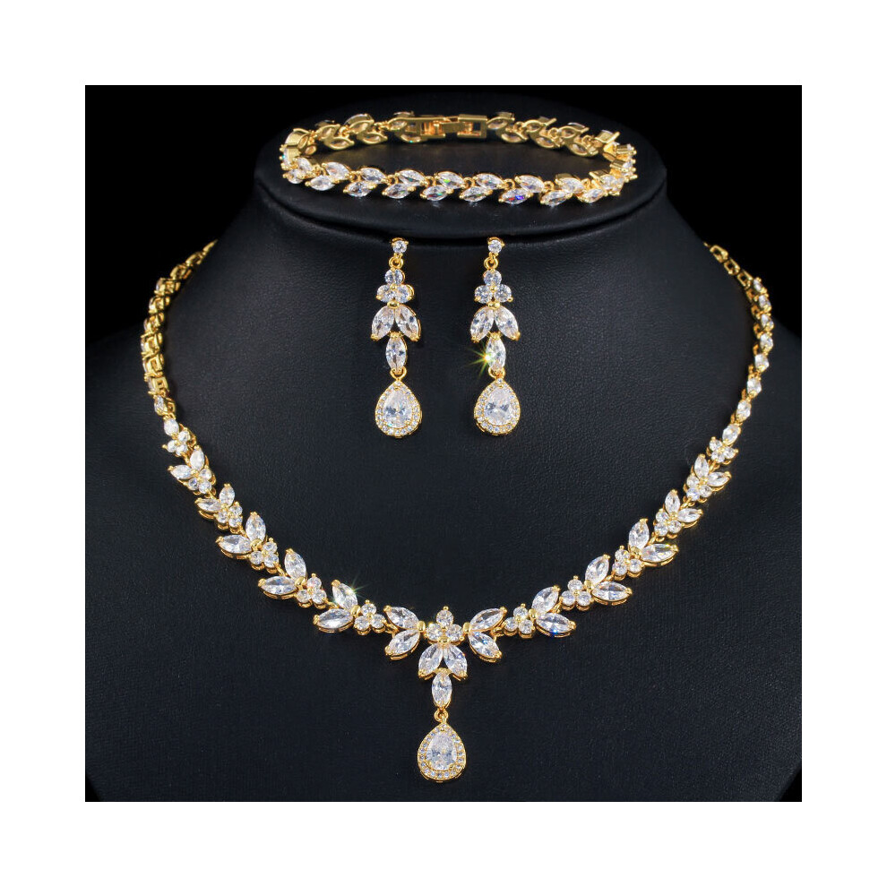 CWWZircons 3pcs Women Costume Big Plated Jewelry Set Cubic Zirconia Drop Dubai Brides Necklcae Earrings Bracelet T370