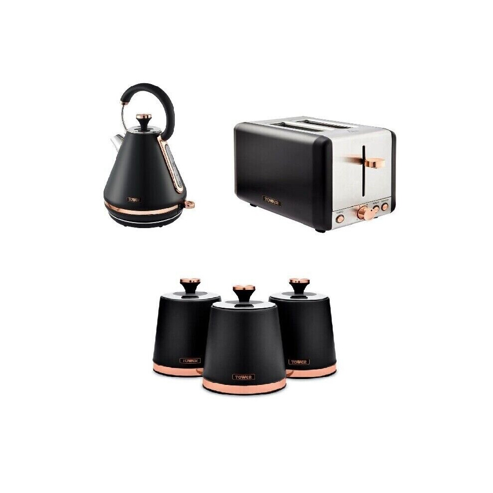 Cavaletto Black Rose Gold 1.7L Pyramid Kettle, 2 Slice Toaster And Canisters Set