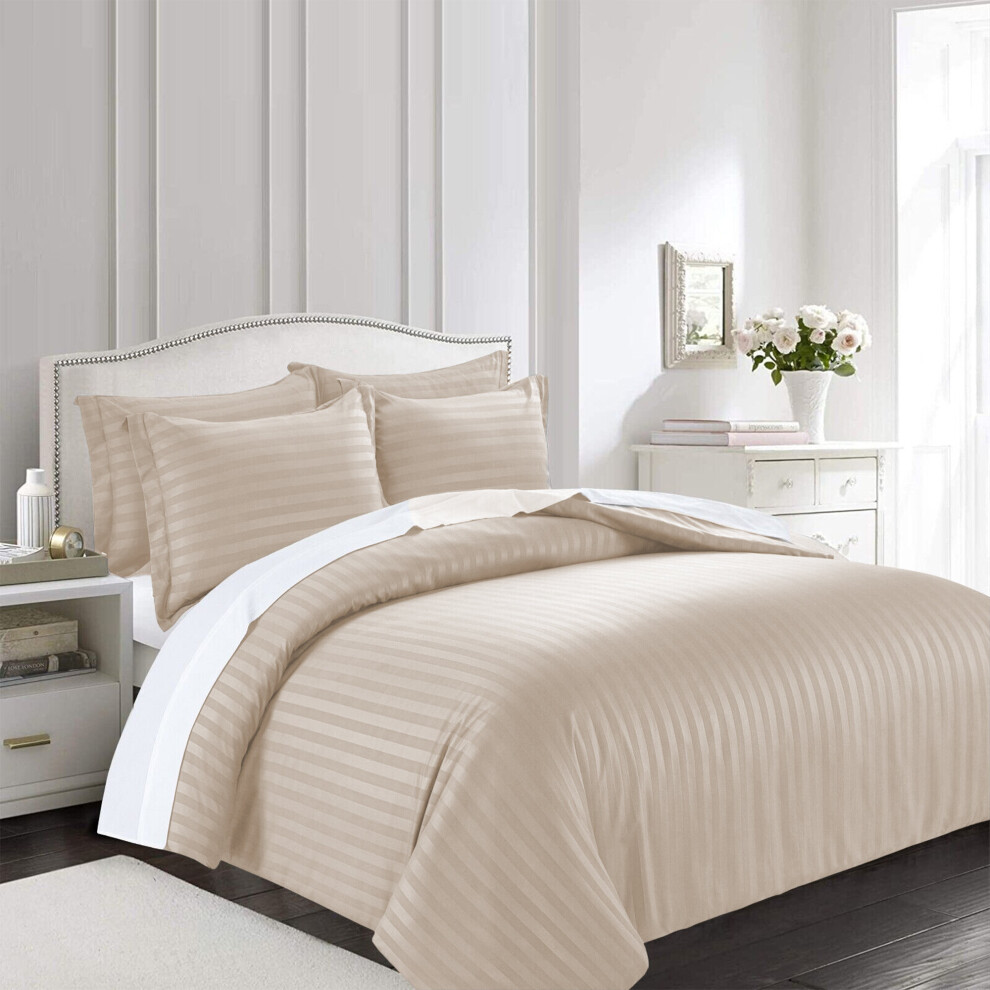 (Beige, King: 230 X 220 CM) Stripe Duvet Quilt Cover Reversible Bedding Set with Pillowcases