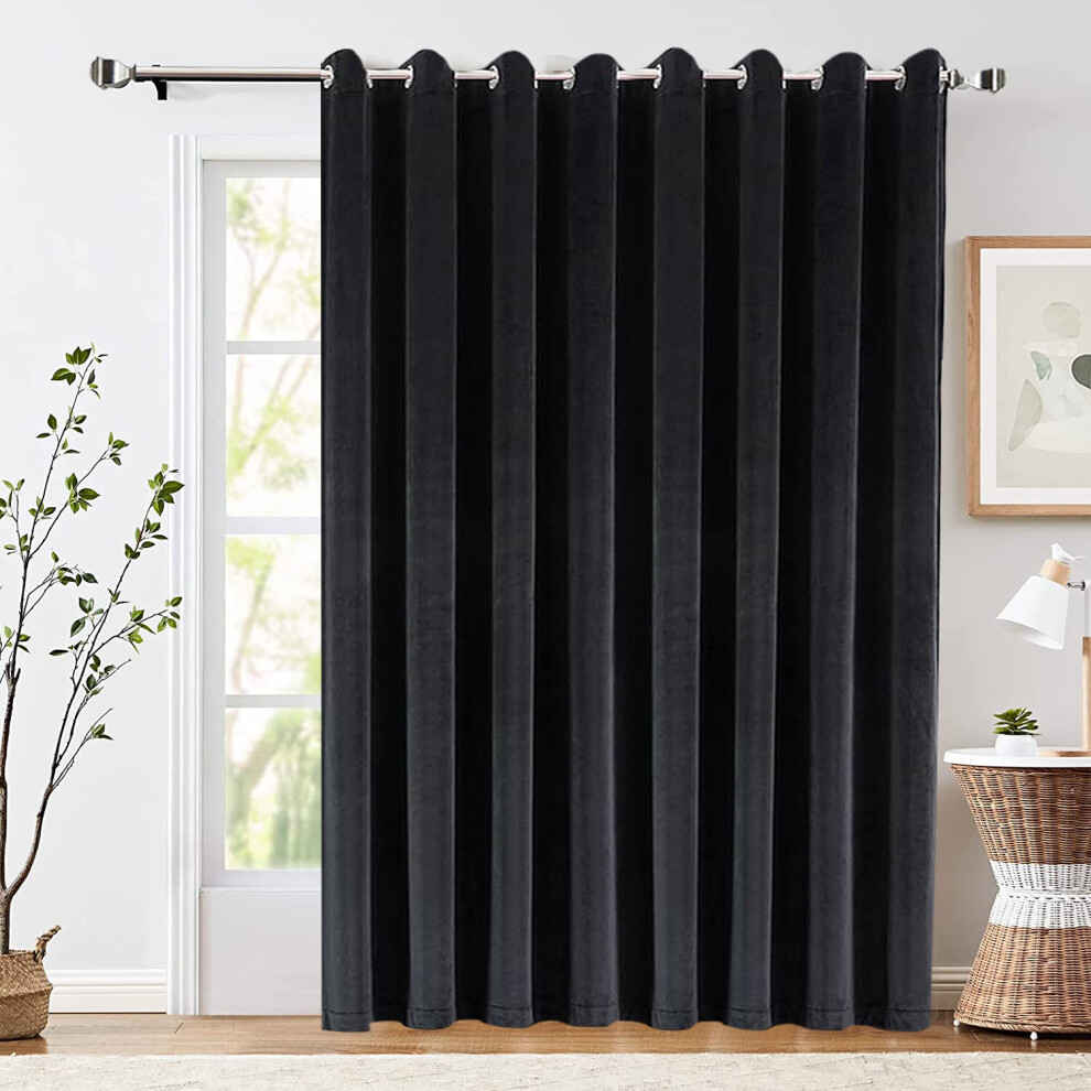 (Velvet Black) Blackout Door Curtain Velvet Embossed & Plain Single Panel Door Curtain with Tie Back