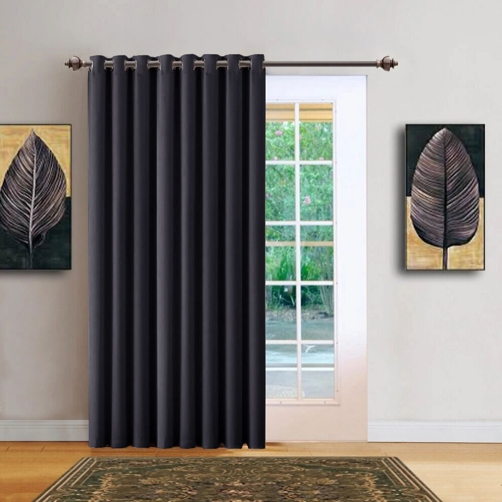 (Plain Black) Blackout Door Curtain Velvet Embossed & Plain Single Panel Door Curtain with Tie Back