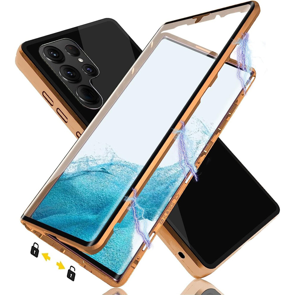 Elewelt (Gold) Magnetic Case For Galaxy S23 Ultra Case, Hd Double Sided Tempered Glass Protective Case Shockproof Flip Case 360Â Full Body Protection Phone Co