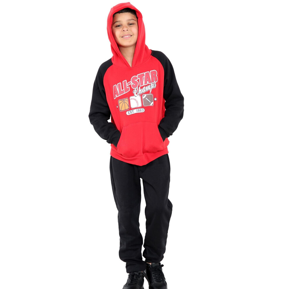 (11-12 Years, Red) Boys Football Print Hooded Hoodie Bottom Tracksuit