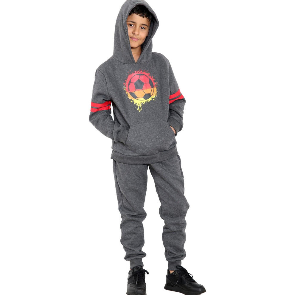 (11-12 Years, Charcoal) Boys Football Print Hooded Hoodie Bottom Tracksuit