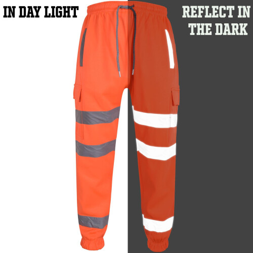 (L, Neon Orange) Mens High Visibility Safe Work Reflective Trousers 1