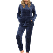 (Dec-14, Navy) Ladies Soft Warm Fleece Adults Hooded Pyjamas Set
