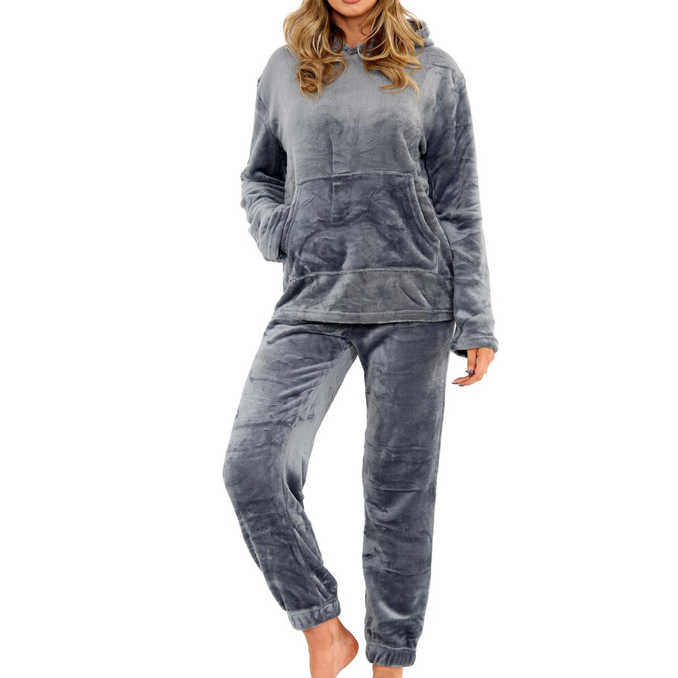 (20-22, Charcoal) Ladies Soft Warm Fleece Adults Hooded Pyjamas Set