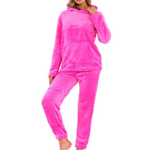 (16-18, Pink) Ladies Soft Warm Fleece Adults Hooded Pyjamas Set