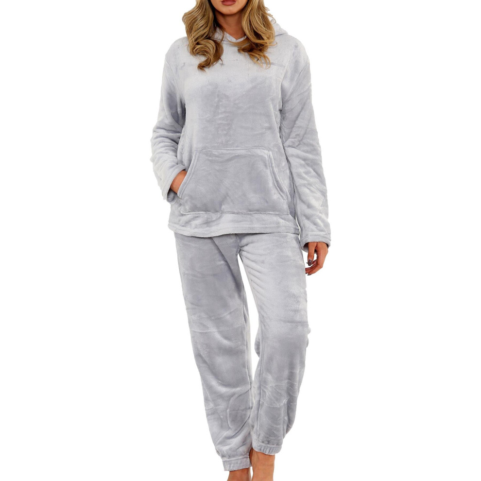 (20-22, Grey) Ladies Soft Warm Fleece Adults Hooded Pyjamas Set