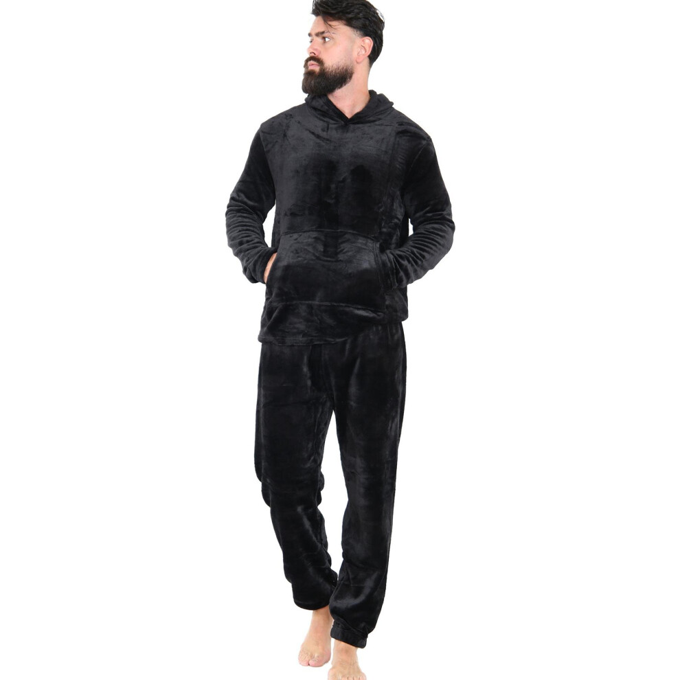 (L, Black) Mens Soft Warm Fleece Adults Hooded Pyjamas Set