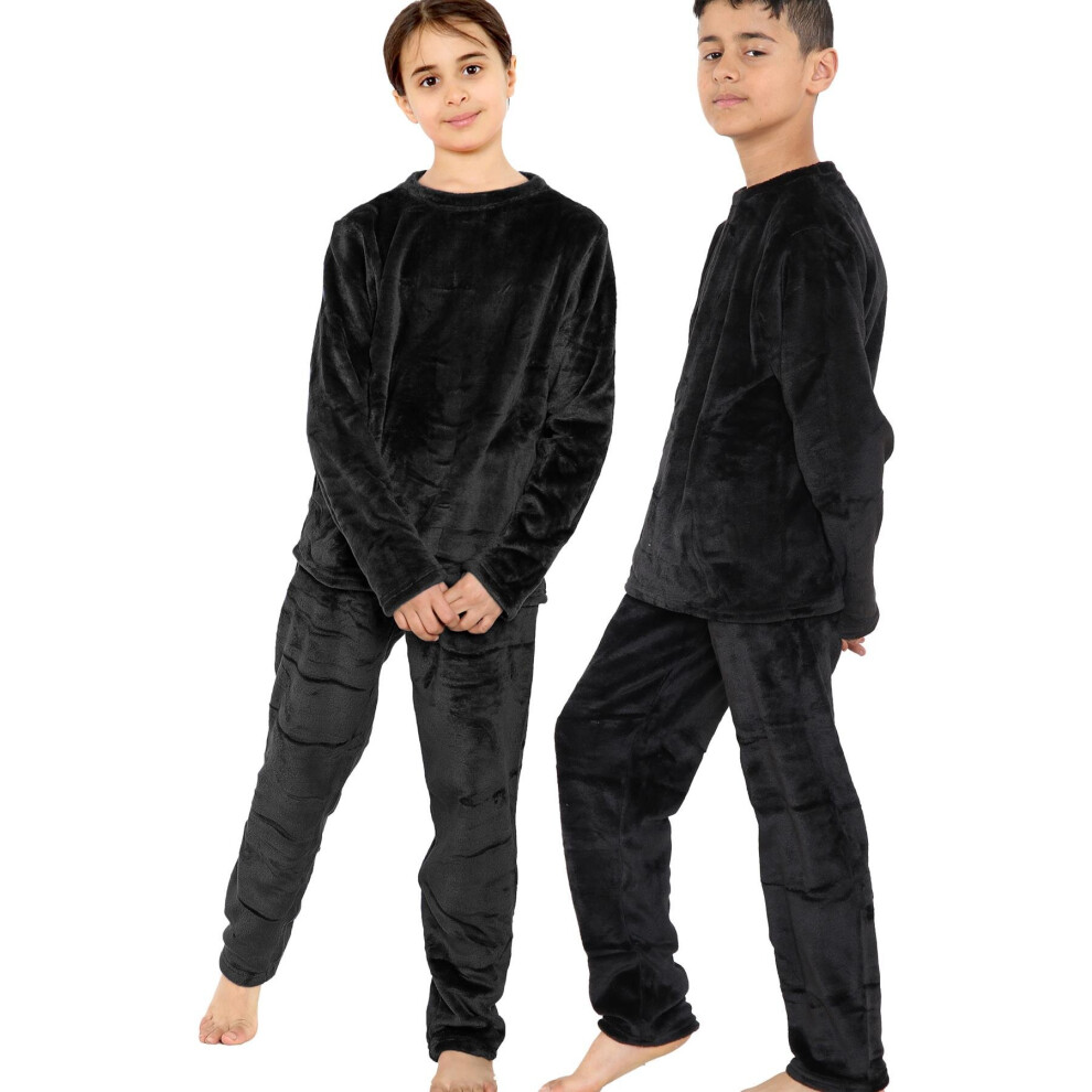 (9-10 Years, Black) Kids Unisex Warm Fleece For Sleepover 2 Piece Set