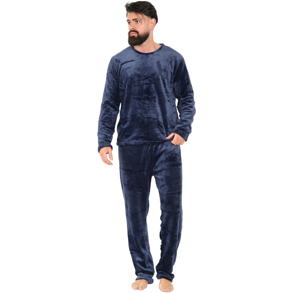 (L, Navy) Mens Fleece Adults Pyjamas 2 Piece Gift Set